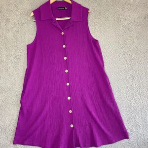 Nina Leonard Womens XL Collared Button Front Fuchsia Pink Sleeveless Dress Beach